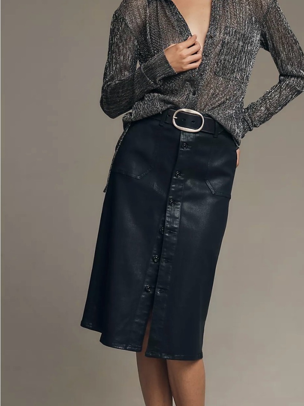 PAIGE Meadow Coated Utility Midi Skirt 27 Black Fog Button Front Faux Leather